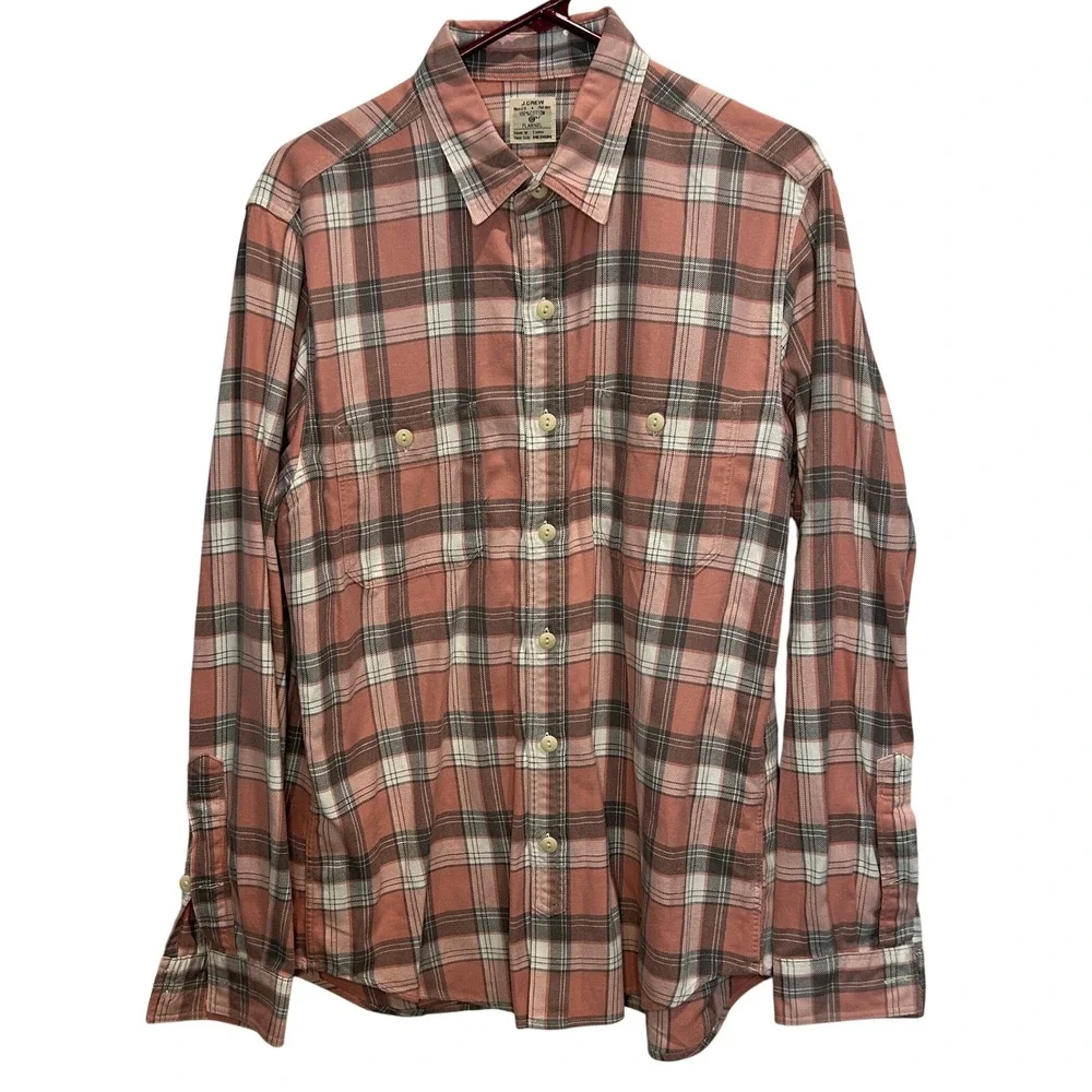 J. Crew‎ Mens Flannel Button Down Shirt Medium Plaid Coral Gray White Cotton